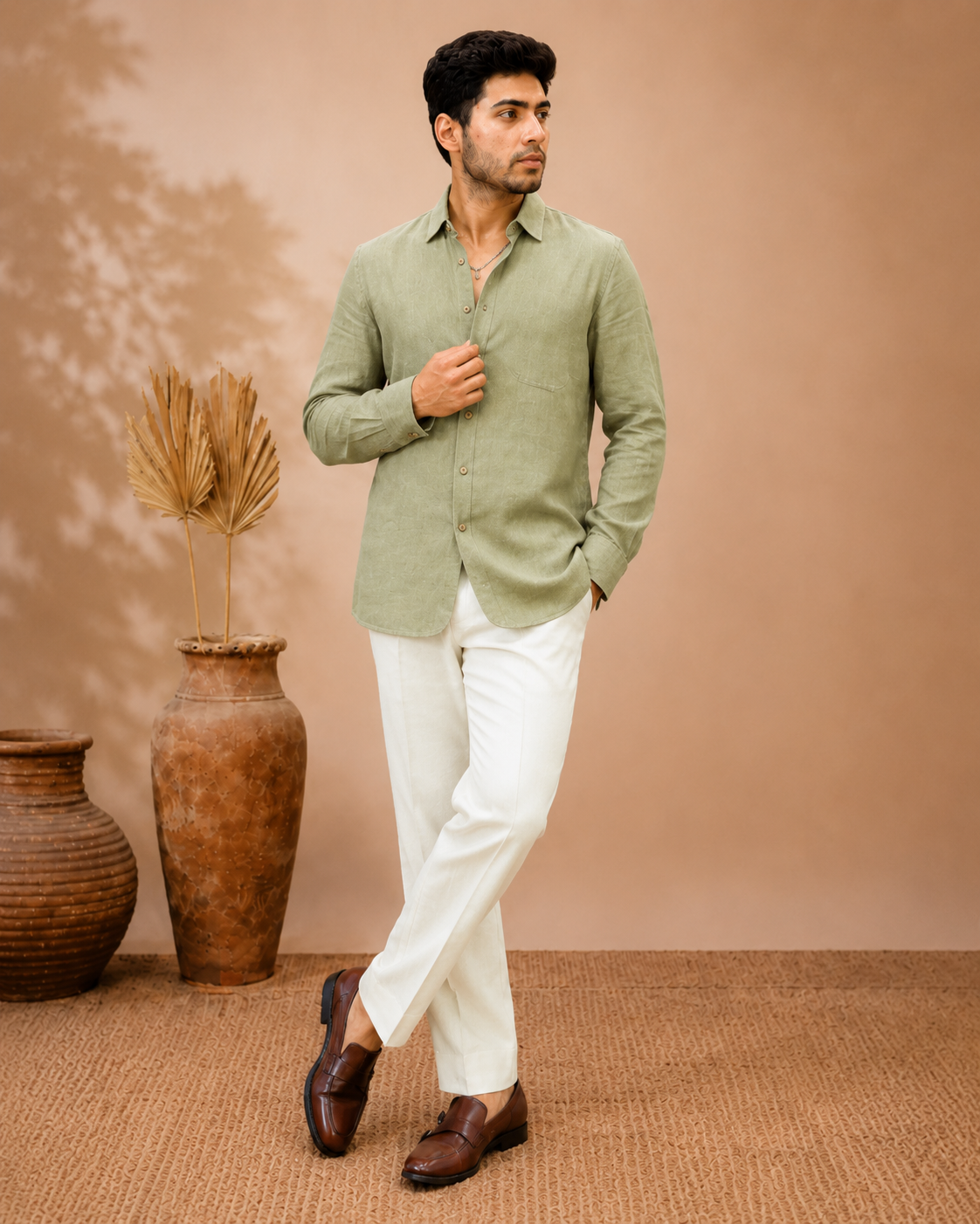Men’s Sage Green Linen Casual Shirt
