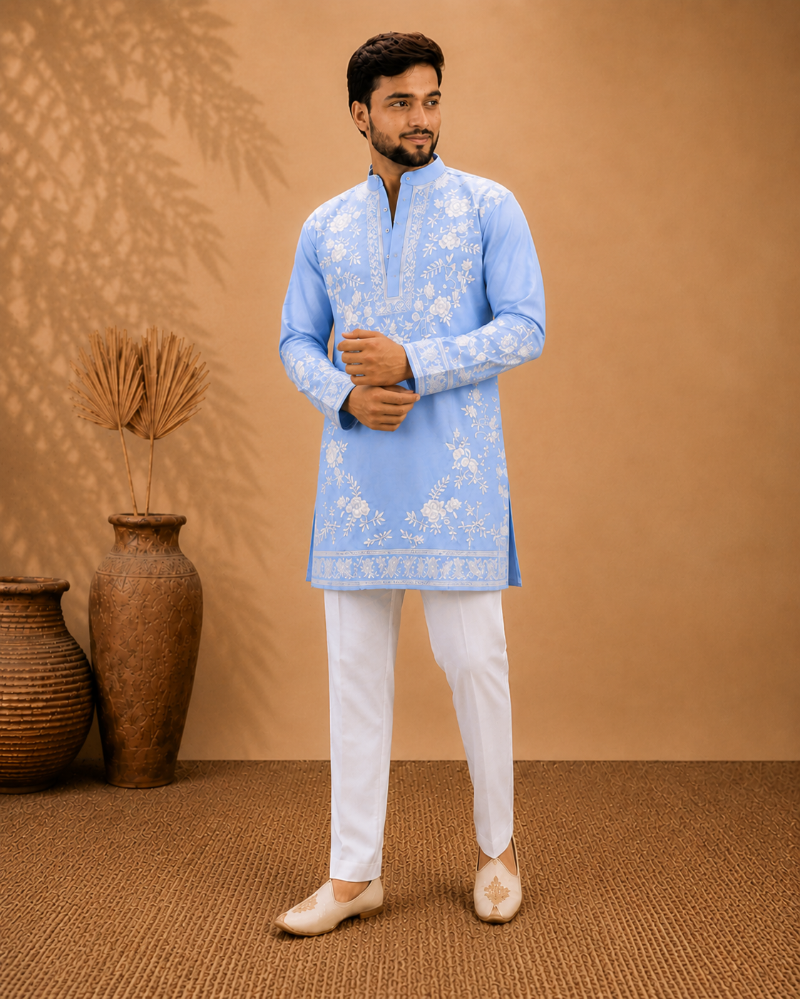 Men’s Sky Blue Floral Embroidered Kurta Set