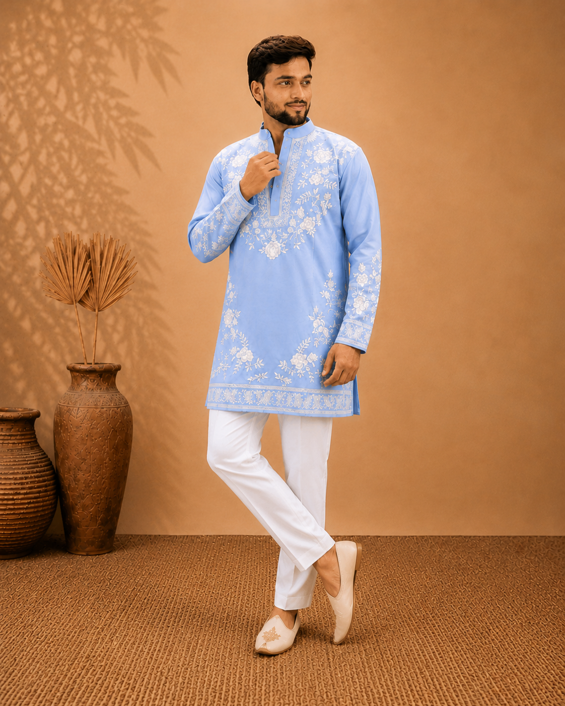 Men’s Sky Blue Floral Embroidered Kurta Set