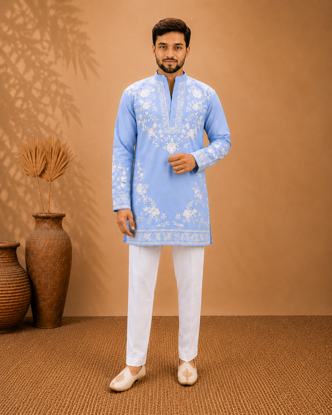 Men’s Sky Blue Floral Embroidered Kurta Set