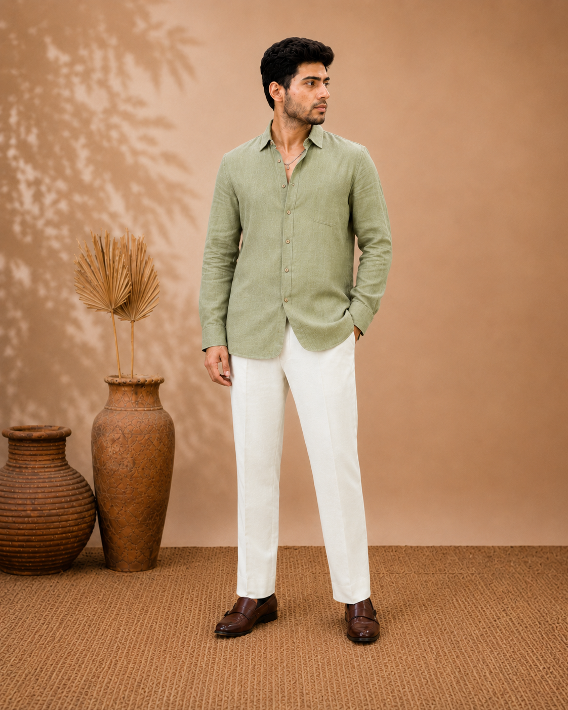 Men’s Sage Green Linen Casual Shirt