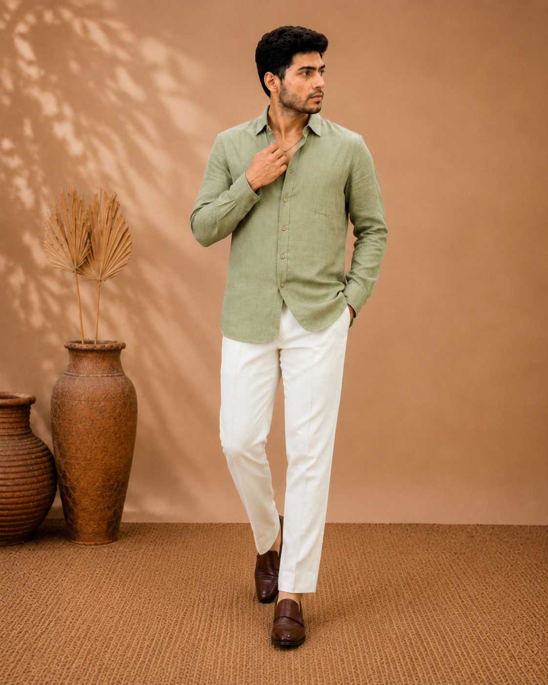 Men’s Sage Green Linen Casual Shirt